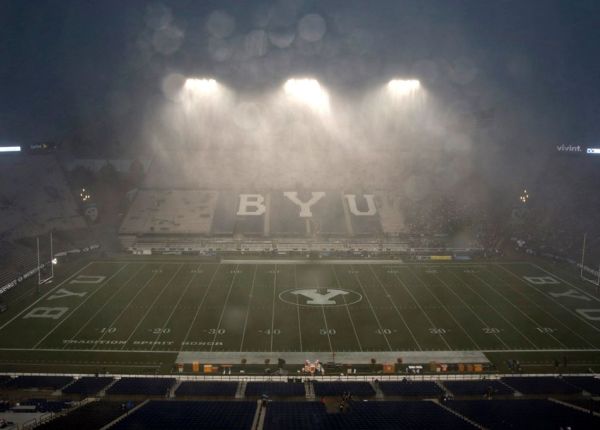 Empty stadium during rain