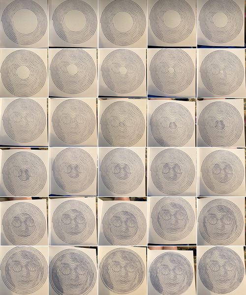 Composite of 30 pictures of the same spiroglyph in various stages of completion