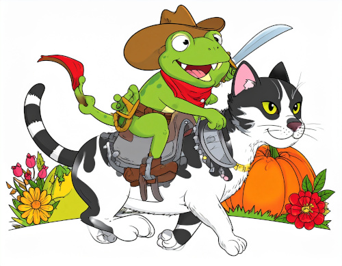 Cartoon image of frog riding a cat like a horse