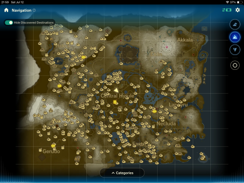 Map of TOTK's world covered with Korok seed markers except for the northeastern area which has been cleaned up